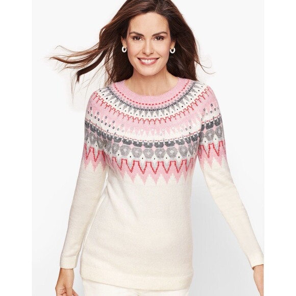 Talbots Icicle Fair Isle Sweater Cream Pink Bow Back Sequin Size XL Winter - Picture 2 of 11